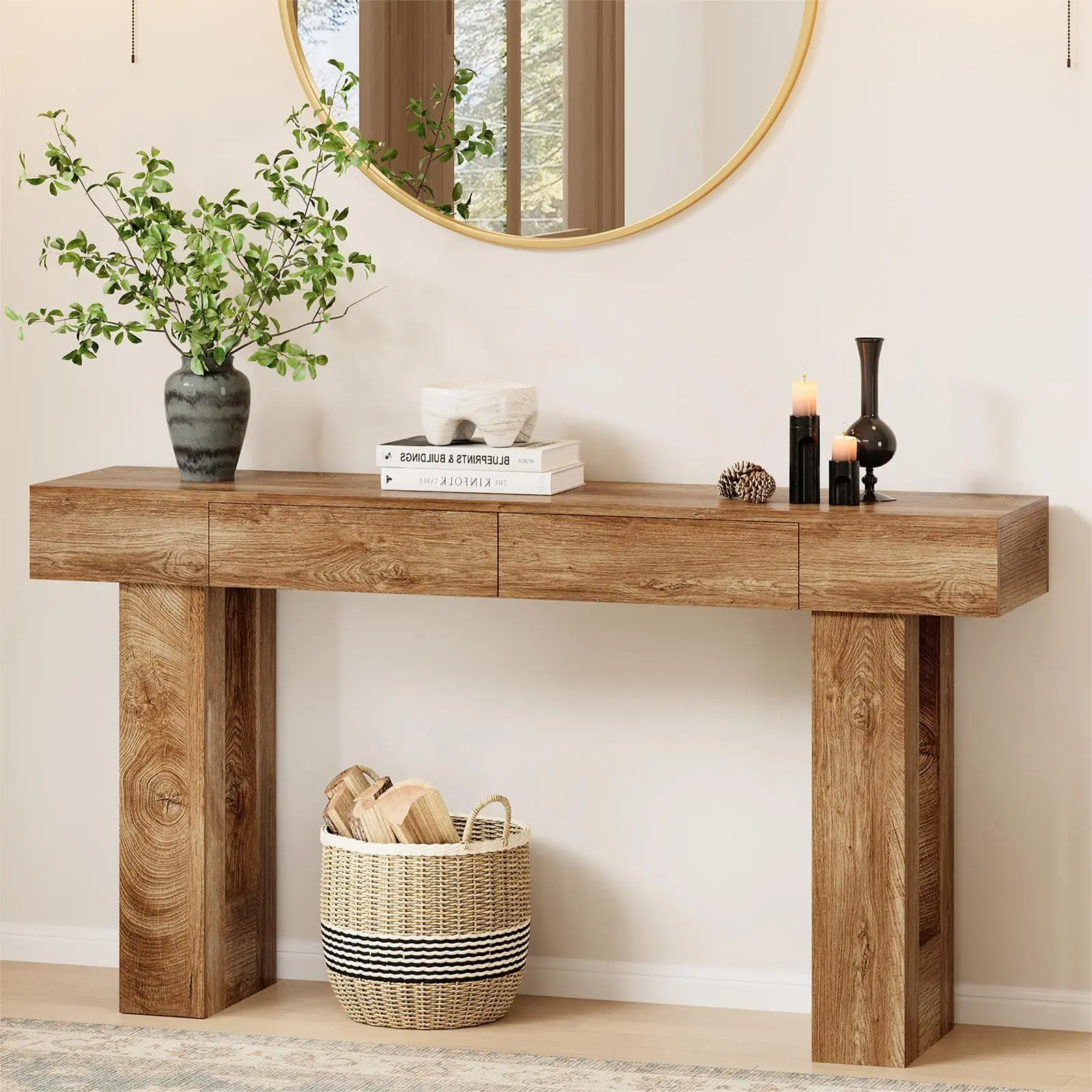 IRONCK 63" Long Console Table with 2 Drawers, Wooden Sofa Table Behind Couch, Farmhouse Entryway Table for Entrance, Living Room, Hallway Rectangular Tabletop Modern Furniture,dorm essentials,home decor