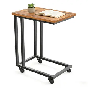 Mobile Rolling Laptop Table, Bedside Sofa Side Table with Wheels, C Shape Couch Table, Adjustable Height Metal Frame, Wood Top Desk for Home Office Bedroom