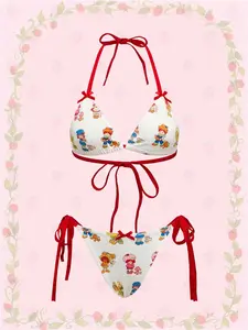 Strawberry Shortcake Cute Strawberry Cartoon & Bowknot Wire-Free Ladies Lingerie Bra And Panty Set