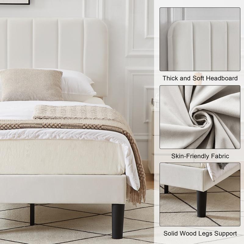 VECELO Upholstered Queen Twin Full Queen Size Bed Frame Platform with Velvet Adjustable Headboard Wooden Slats,Noise-Free,No Box Spring Needed, Easy Assembly