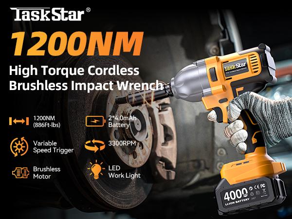 TaskStar 1200N.m Cordless Impact Wrench, 1/2 inch 886ft-lbs High Torque Impact Gun with 2x 4.0Ah Battery, Fast Charger & 5 Sockets Package Box Extension Bar Driver Bit Power Tools Ratchet Wrench