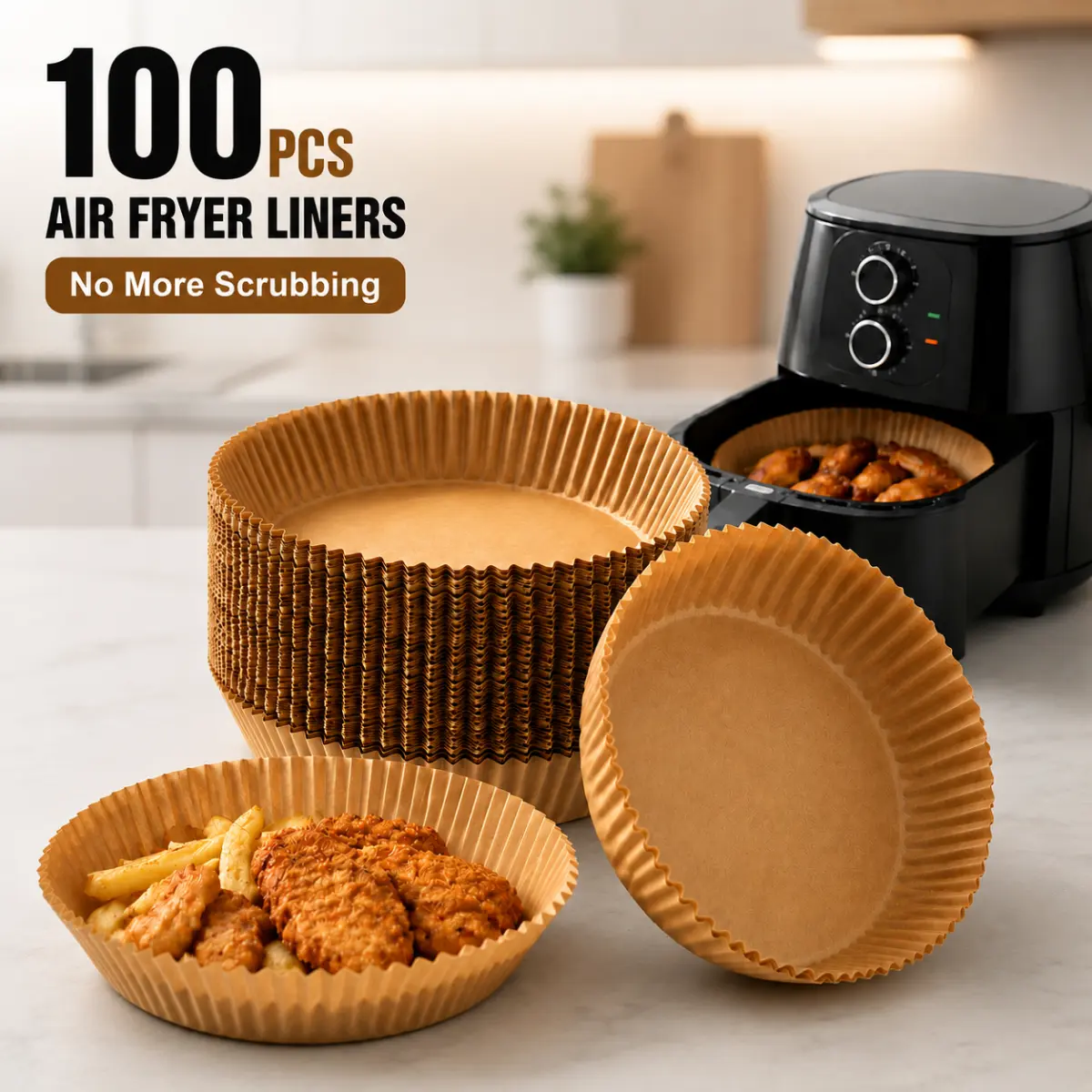100PCS Disposable Air Fryer Liners - 6.3-7.9 in Round Food-Grade Silicone-Coated Paper, Nonstick, Oil-Resistant, Non-Toxic Kitchen Bakeware Utensils for Mess-Free Easy-Clean Cooking Baking