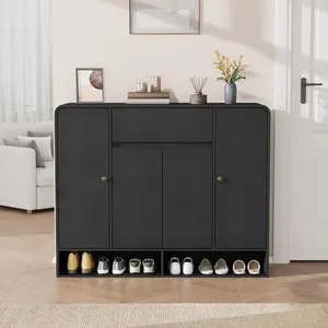 47.2 Inch Shoe Storage Cabinet with 4 Doors and 1 Drawer, Freestanding Entryway Organizer with Rounded Corner, Narrow Large Capacity Cabinet for Hallway, Living Room