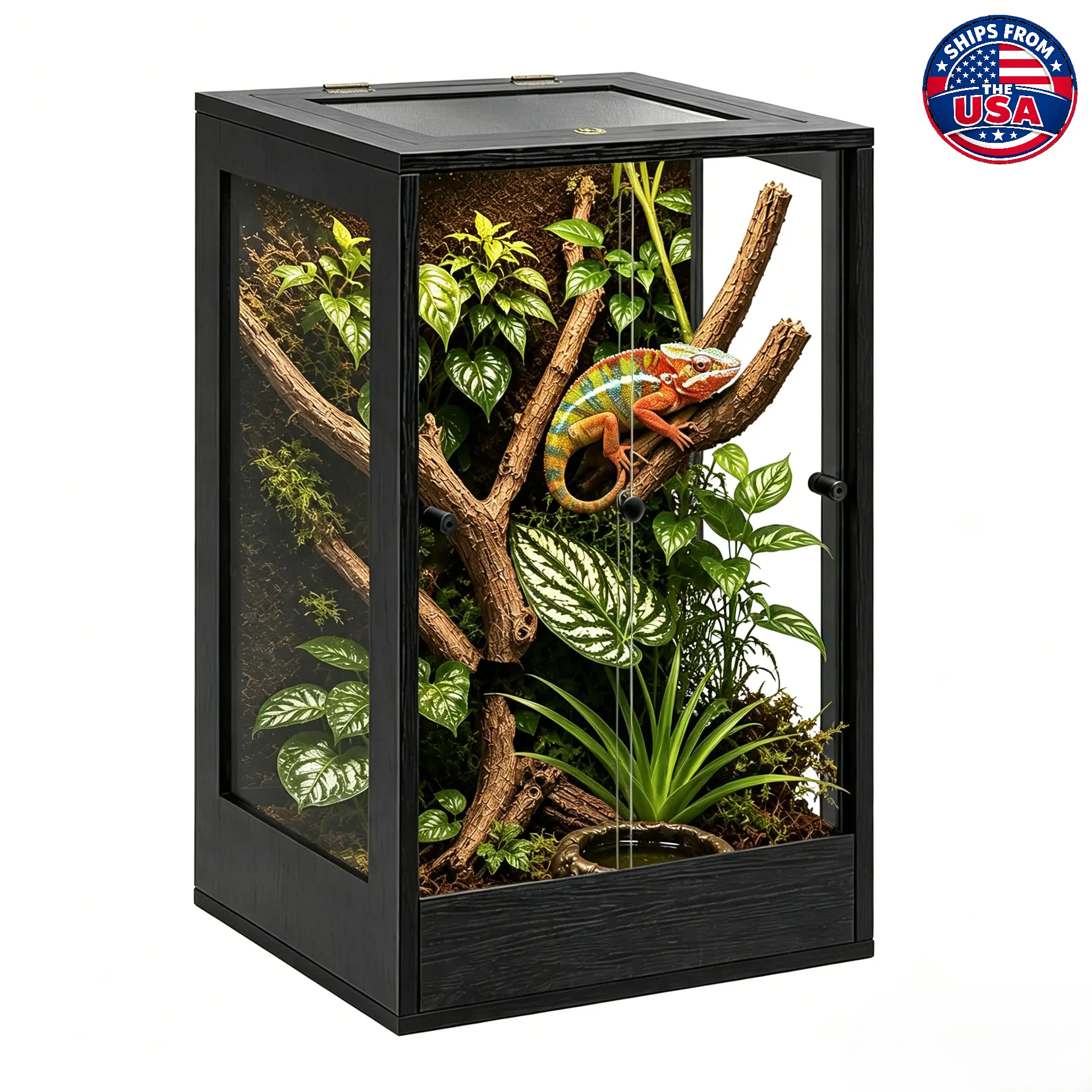 PROLEE 45 Gal Rectangle Tempered Glass Reptile Terrarium (18"x18"x32" Tall) - Front Sliding Doors, Ventilated Mesh Top, Rainforest Habitat for Crested Geckos, Reptile Substrate, Bioactive Setup Wood Decor