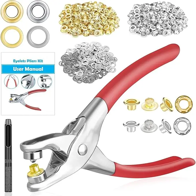 803Pcs Grommet Eyelet Pliers Kit, 1/4 Inch 6mm(Inside Diameter) Grommet Tool Kit with 800 Metal Eyelets with Washers in Gold and Silver, Eyelet Grommet Hand Press kit