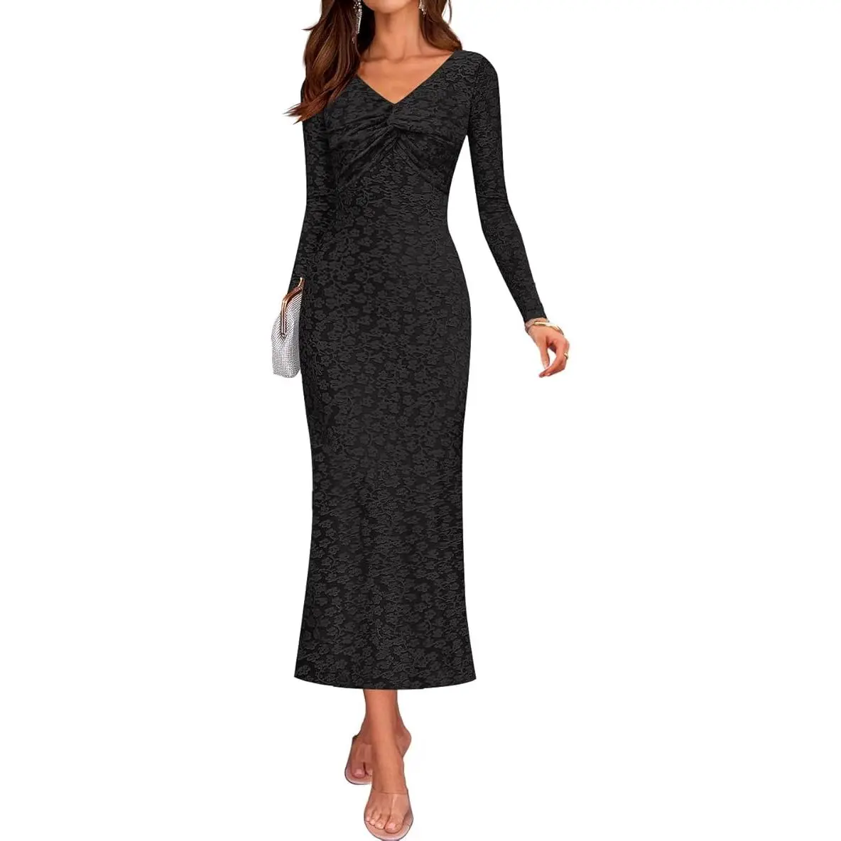 ZESICA Women's Fall Floral Long Sleeve Bodycon Dress 2026 Elegant V Neck Cocktail Party Long Midi Dresses