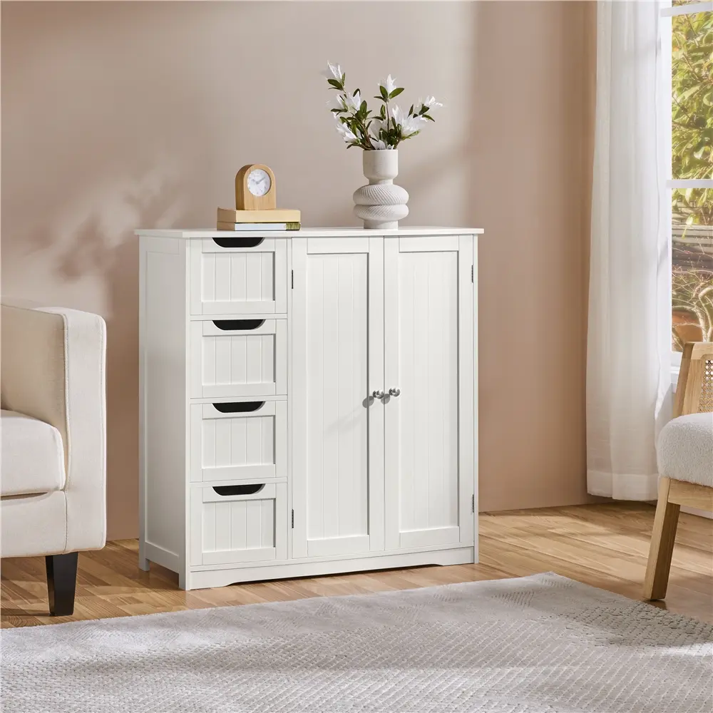 Costoffs Sturdy Modern Waterproof Freestanding Wooden Cupboards Cabinets - 4 Drawers, Double Doors, Drawer Organiser, Clean Look for Entryway, Bedroom, Organiser Storage Cabinet for Room Storage & Organization