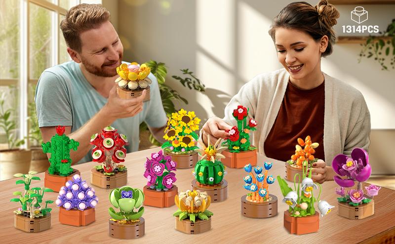 15 Pack Valentines Flowers Plants Mini Building Set - 1314PCS 3.6MM Flower Succulents Botanical Collection Block Toy for Home Office Décor, Birthday Gifts for Adults Women Boys Girls 10+