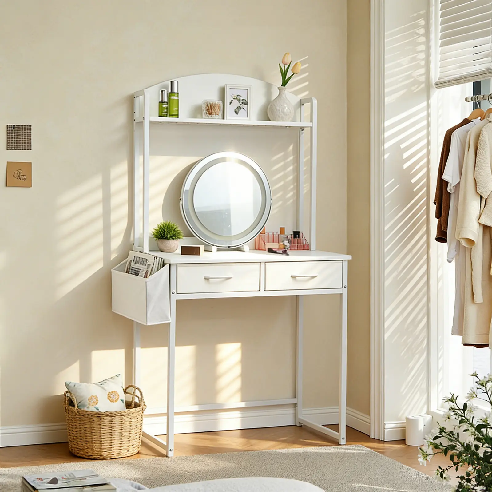 Makeup Vanity Desk with LED Lights and Power Outlet (No Mirror), Freestanding Desk with Side Bag & 2 Fabric Drawers, Home Office Desk with  Shelves, Study Writing Gaming Table for Bedroom, White