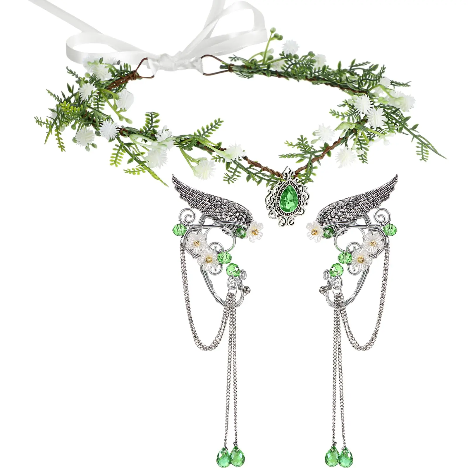 Fairy Costume Accessory Set for Women, Handmade Elven Floral Crown with Crystal & No-Piercing Ear Cuffs, Adjustable Ribbon for Cosplay & Festivals