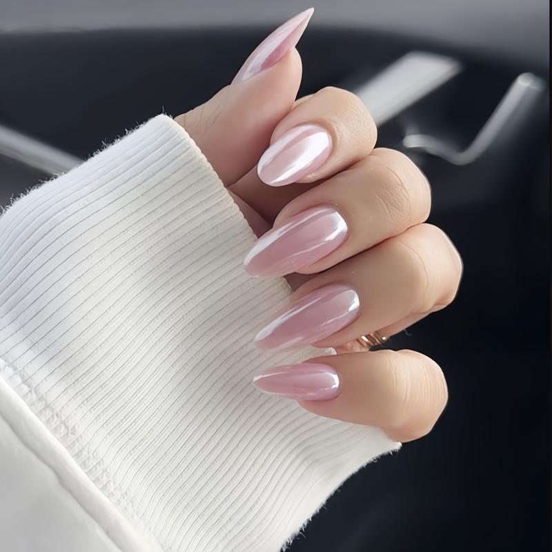 Fashion Solid Color Press-on Nails, Almond Shape • White, Pollen Ice Translucent, Mirror Gold, Rose Gold • Simple & High-end Look, 24pcs