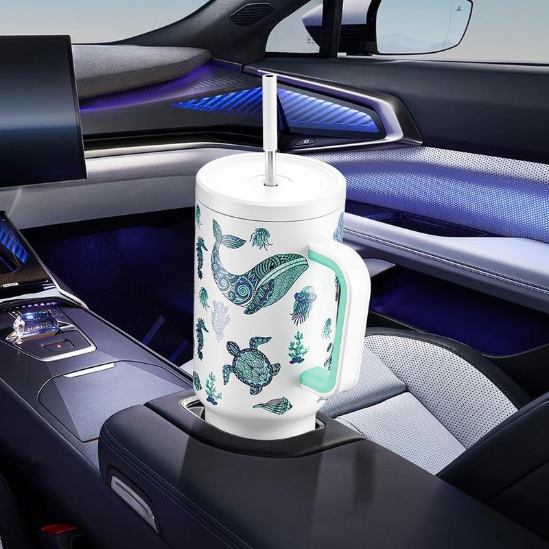【Latest Style】 - Meoky 40oz Stay Hot Or Cold All DayStainless Steel Thermos Cup, Perfect For Car, Office & Travel, Large Capacity, Trendy Design, Valentine's Day gift Ready Glow-In-The-Dark White Marine Life, Insulated Mug Tumbler With Handle