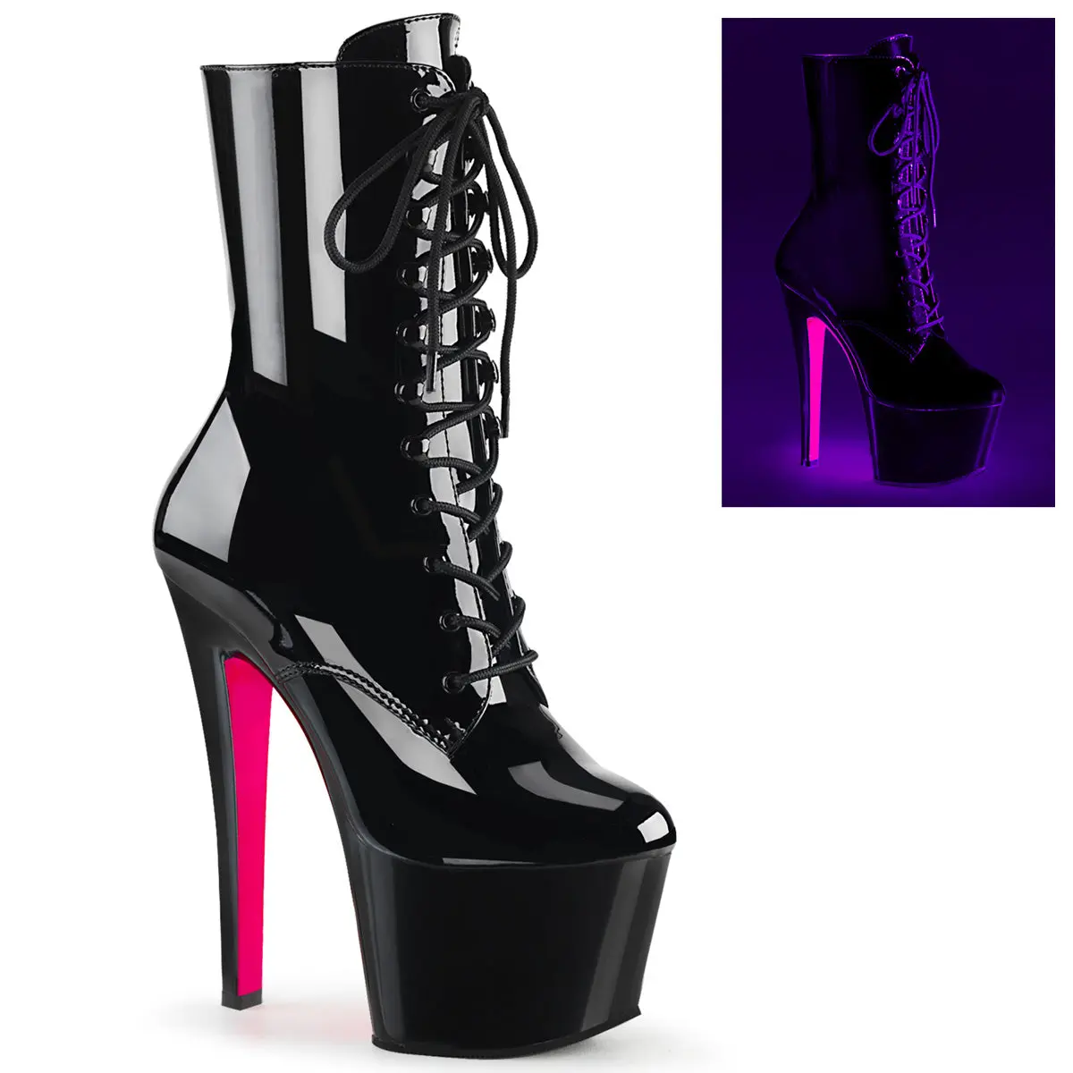 Pleaser Women's Sky-1020TT 2-Tone Lace-Up Ankle Boot, Women's High Heel Footwear - Leather Upper, Rubber Sole, 7-in Stiletto Heel, 2 3/4-in Platform, Blacklight Reactive Detail, Side Zip, All Seasons Evening Shoes, Rave Aesthetic