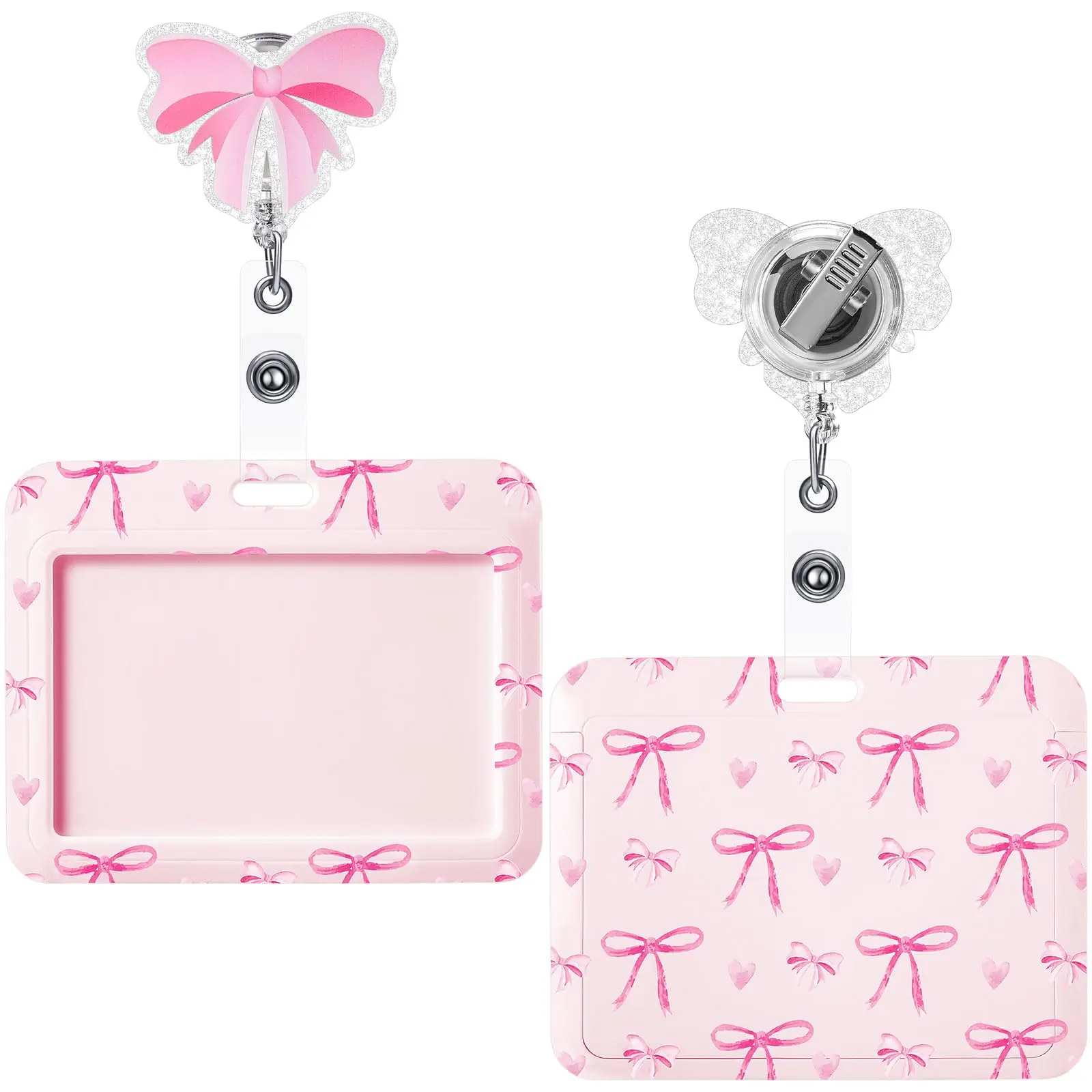 Gejoy Retractable ID Badge Holder Set - Cute Coquette Pink Bow Plastic Reel (4.72x3.54in, 24" Extend) with Alligator Clip, Blush Pink Aesthetic, Office/Medical ID Cards Supplies for Healthcare Pros, 2026 Back to School Shopping Supplies, Id Badge Holders