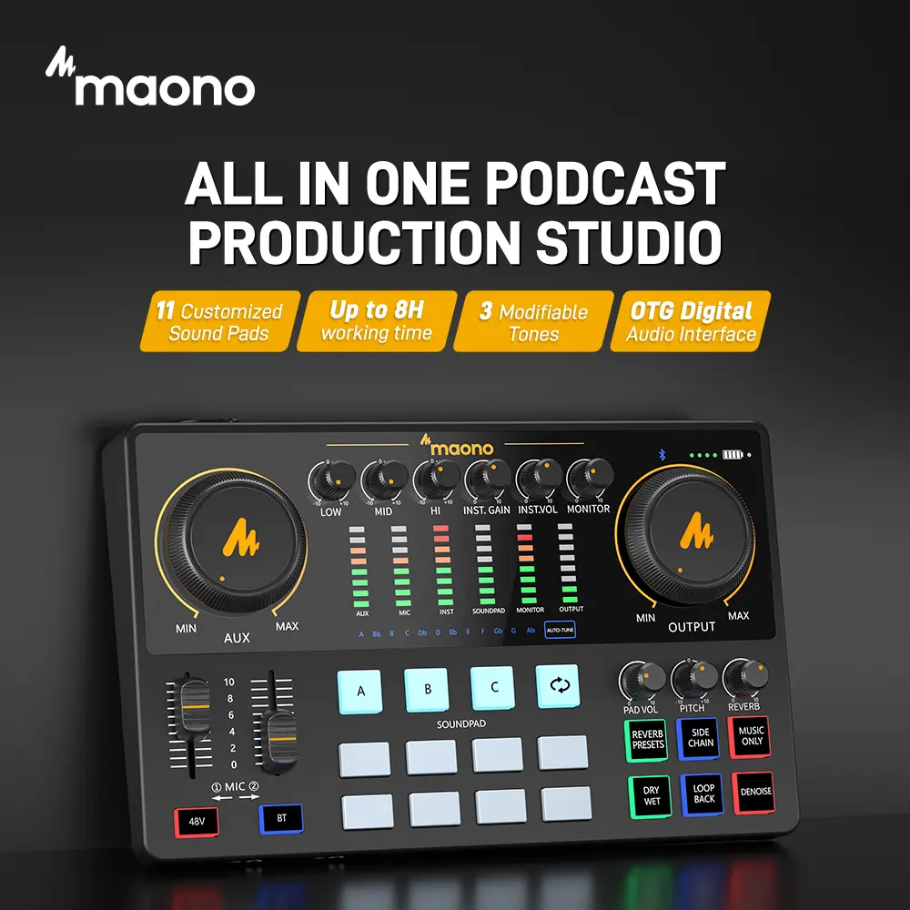 MAONO USB Studio Mixer & Audio Interface Soundboard - Plastic Cordless Podcast Equipment Kit for Content Creators, XLR Microphone/Smartphone Compatible, Noise Reduction, Bluetooth, Button Controls, Adapter Cable, Manufacturer Warranty, Mobile, User