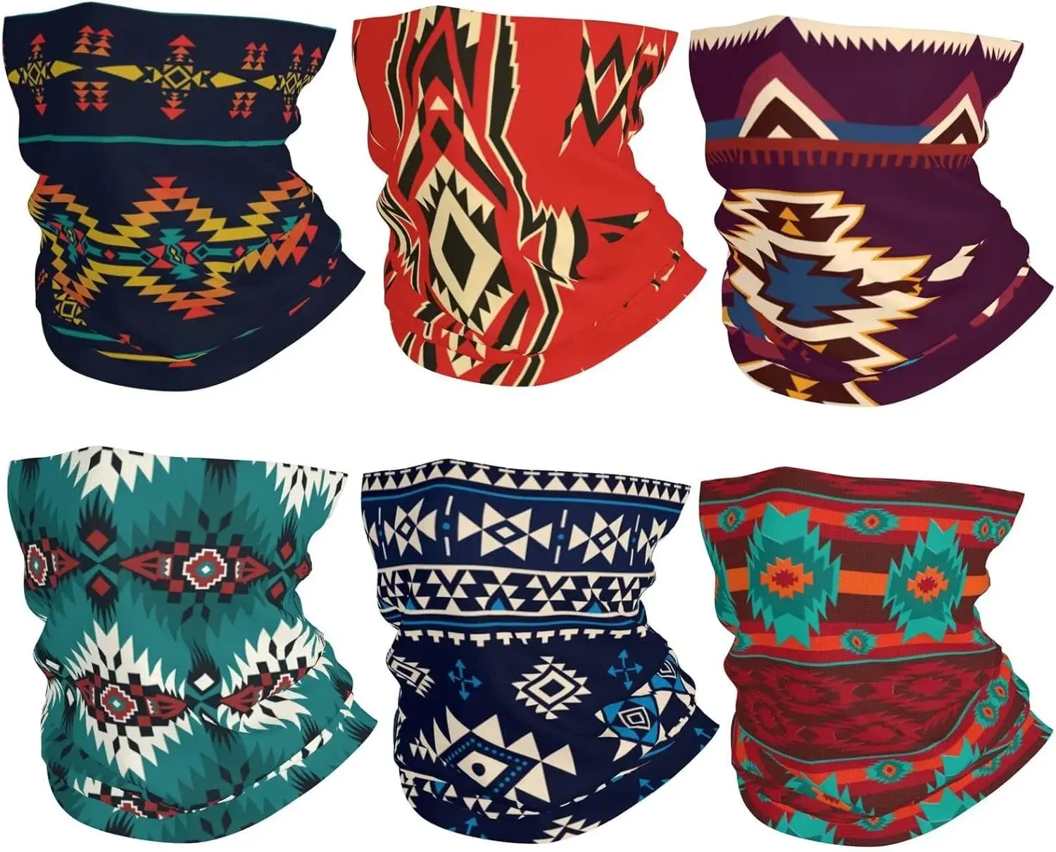 Navajo Inspired Geometric Print Neck Gaiter 6 pack Breathable Face Mask Balaclava Southwest Native American Design Bandana & Headwear for Men Women