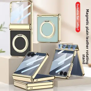 For Samsung Galaxy Z Flip 7 Case Luxury PU Leather Skin Hinge MagSafe Magnetic Ring Stand Protect Back Cover For Z Flip7 Shell