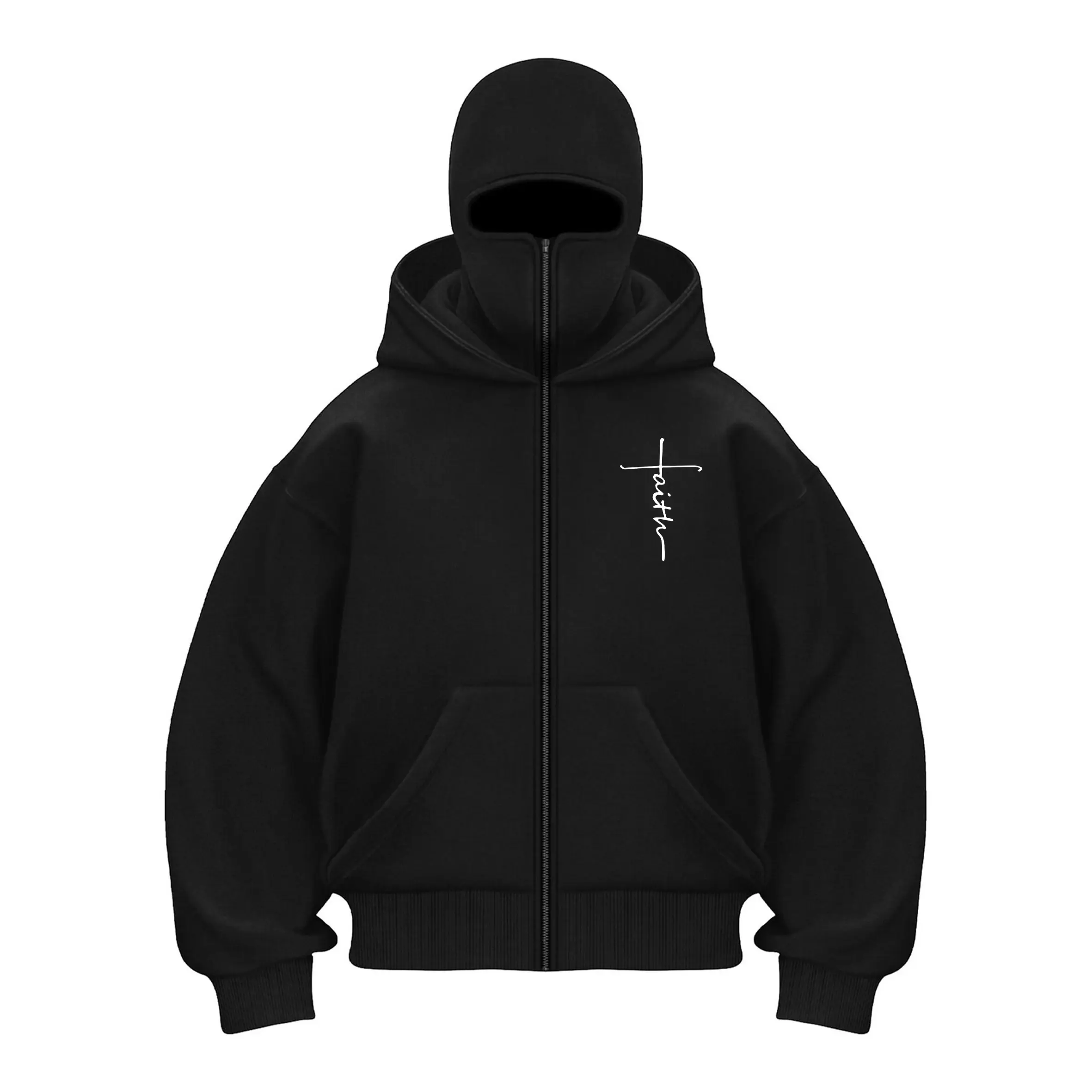 Balaclava Jacket Zip Up Faith Printed Fashion Double Layer Hoodie Hip Hop Outerwear Jacket Y2K Clothing for Men and Women