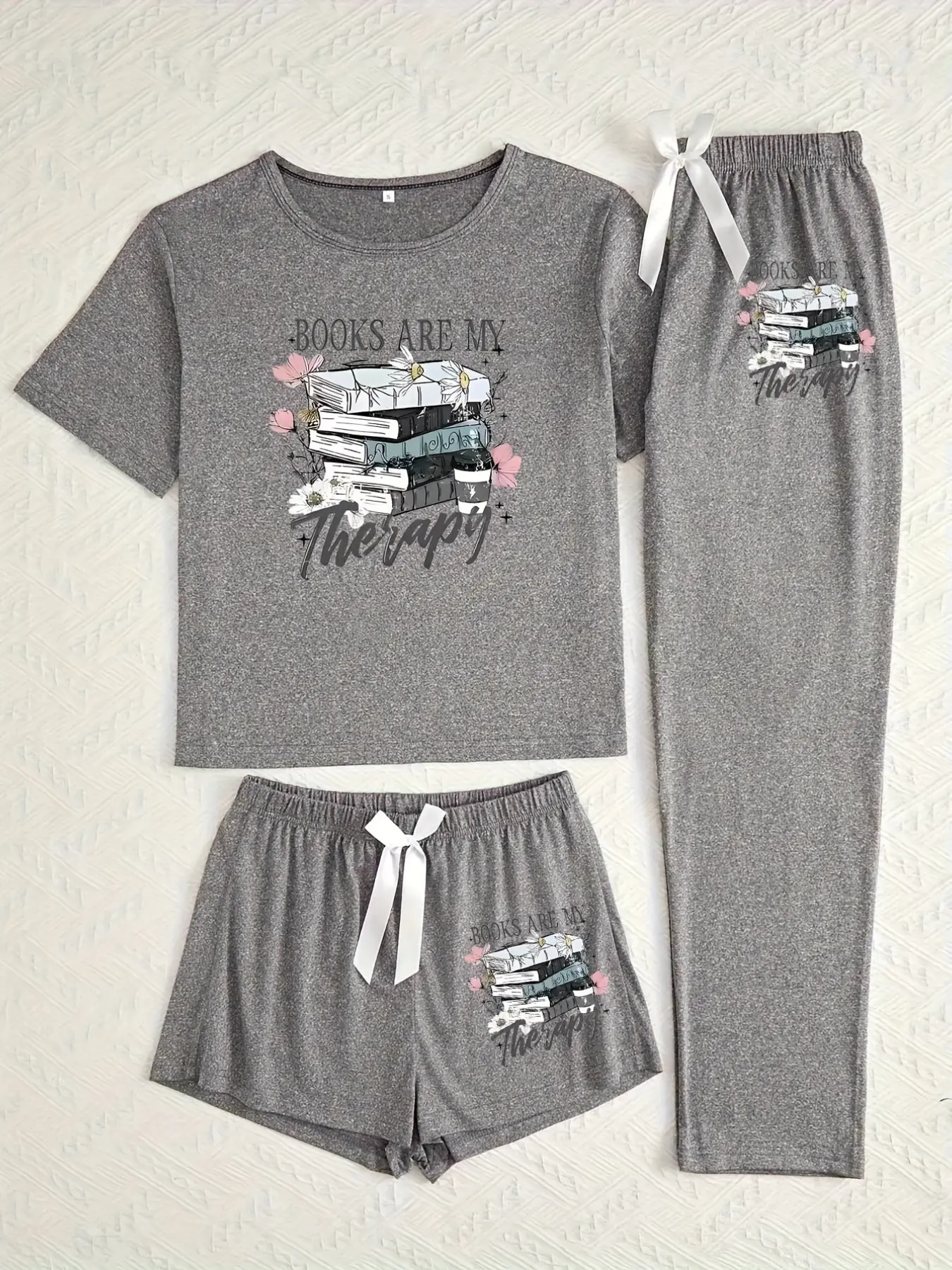 Floral Book Three-Piece Set, Women's Loose-Fitting Baggy Round Neck Cartoon Pattern, Casual Home Wear Clothes, All-Seasons Comfortable, Single Unit Count, Pants