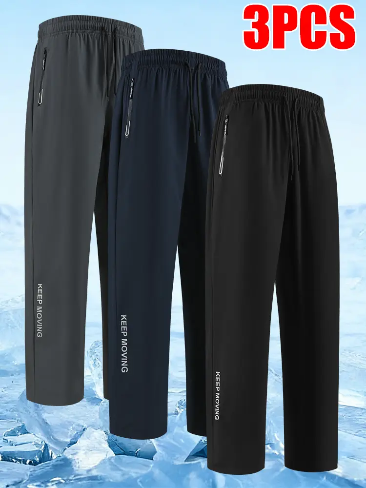 Men's 3 Pack Quick Dry Drawstring Athletic Pants, Elastic Waist Lightweight Straight Leg Joggers with Zipper Pockets, Breathable Summer Workout Sweatpants for Running, Gym & Outdoor
