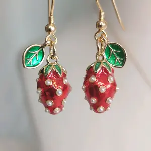 Handmade Strawberry Jewelry Set with Enamel Red Berries & Green Leaves Pearl Accents
