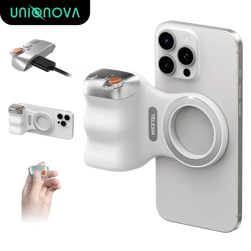 UNIQNOVA Fun Shot Magnetic Phone Camera Grip Magsafe Remote Shutter Holder Mount for iPhone & Android with Detachable Wireless Button Comfort Ergonomic Handle No Need App
