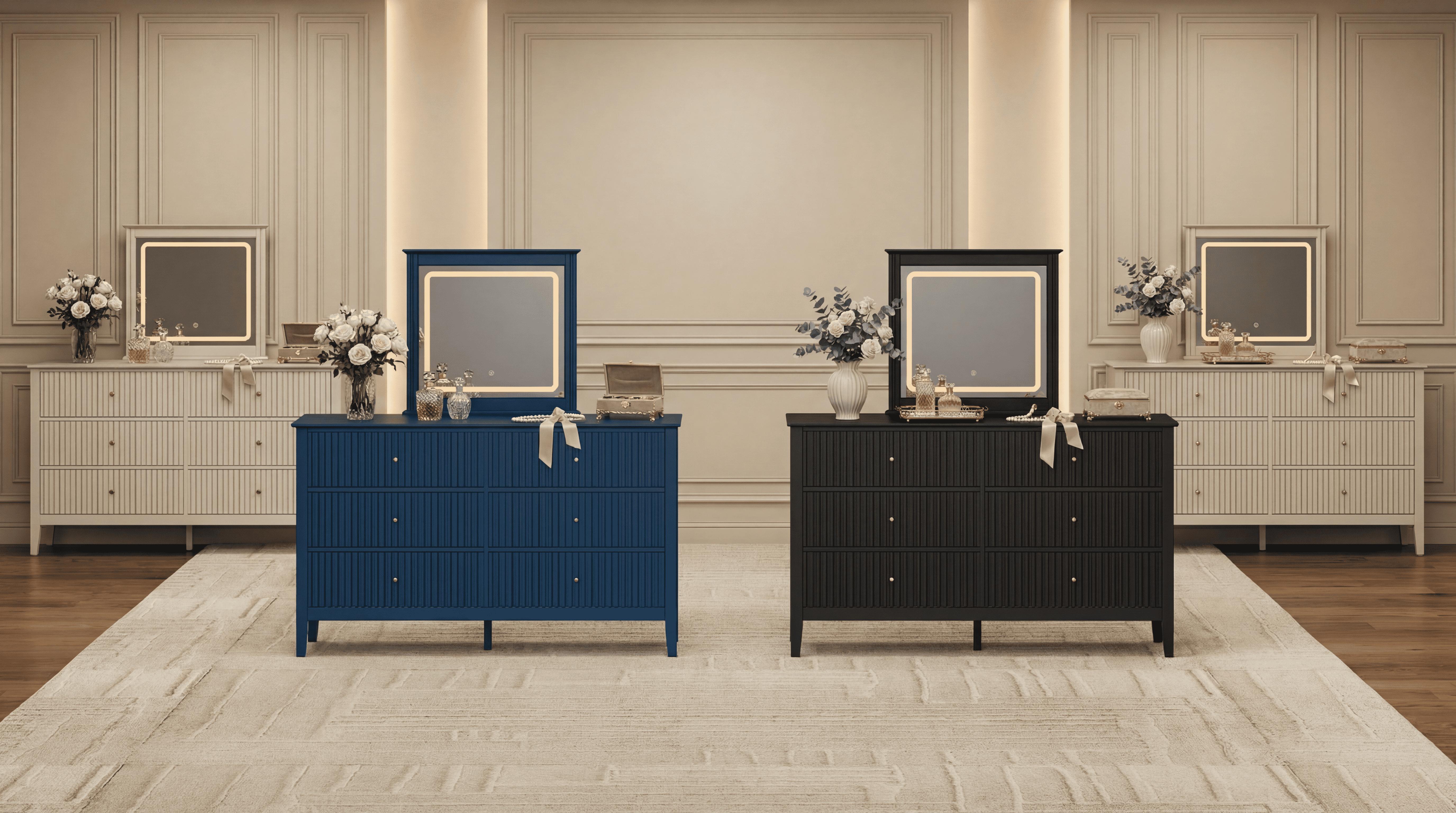 RoyalCraft Mordern 6 Drawer Dresser, Fluted Nightstand with 3 Drawers, Wood Storage Organizer, Wide Chest of Drawers for Closet, Large Storage Cabinet and TV Stand for Living Room,Bed Room,Hallway, Entryway.