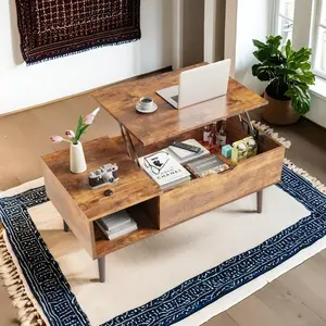 Wood Lift Top Coffee Table with Hidden Compartment and Adjustable Storage Shelf, Lift Tabletop Dining Table for Home Living Room, Office, Rustic Oak Lift Tabletop Coffee Tables for Living Room with Storage Shelf and Hidden Compartment