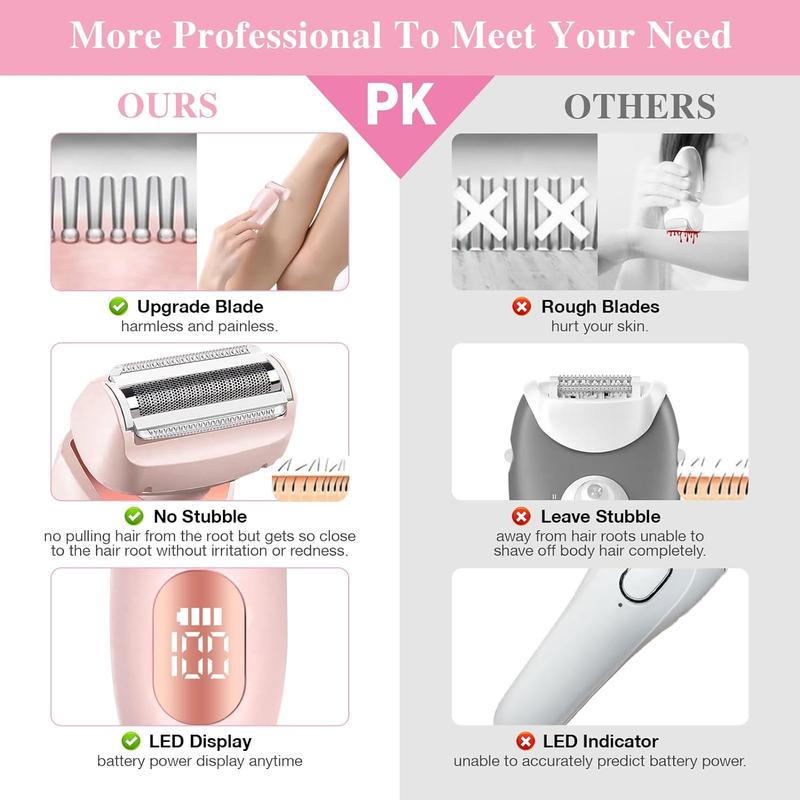Women’s electric shaver, 2-in-1 women’s electric epilator, USB rechargeable portable hair clipper for legs, arms, and face, with detachable head, wet/dry dual use, pink