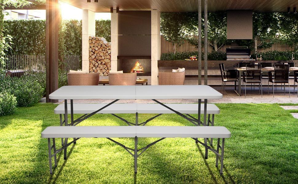 VINGLI 6 feet Plastic Folding Bench,Portable in/Outdoor Picnic Party Camping Dining Seat, Garden Soccer Multipurpose Entertaining Activities, Smooth HDPE Tabletop, 1/2 Pack, White/Black/Brown