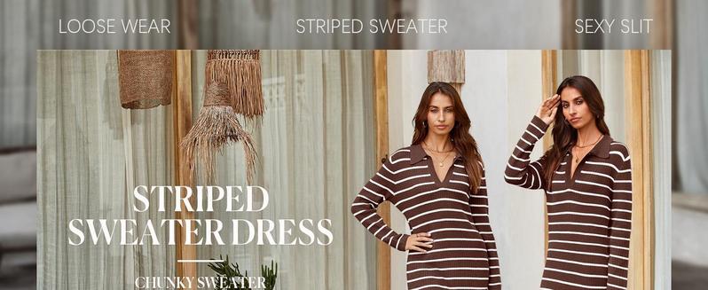 Imily Bela Womens Striped Summer Dresses Short Sleeve V Neck Knit Collared Sexy Slit Loose Maxi Sweater Dress