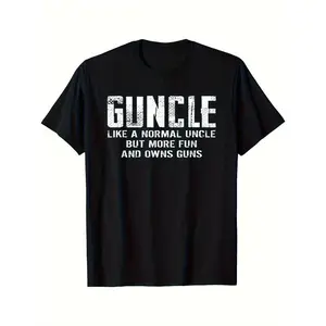 Men'S Funny Gun Lover T-Shirt - "Guncle Like a Normal Uncle But Own Guns" Slogan, Loose Fit Casual Streetwear, with Gun Graphic, Comfortable Short Sleeve Round Neck Tee for Shooting Sports Events & Casual Attire - Ideal Gift for Gun Enthusiasts
