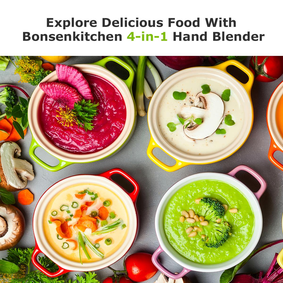 Bonsenkitchen Immersion Blender, 20 Variable Speeds & Turbo, 4-In-1 Stainless Steel Handheld Blender Stick Mixer with Egg Whisk, Beaker & Chopper Bowl electric mixer Bonsenkitchen Immersion Blender, 20 Variable Speeds & Turbo, 4-In-1 Stainless Steel Handheld Blender Stick Mixer with Egg Whisk, Beaker & Chopper Bowl electric mixer