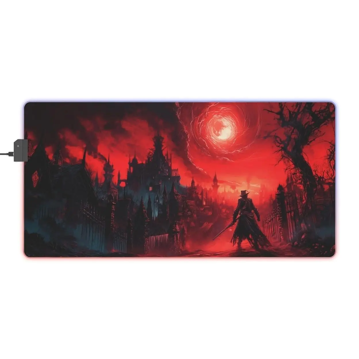 Bloodmoon RGB LED Gaming Mouse Pad, Soulsborne Inspired Desk Mat, Non-Slip Base.