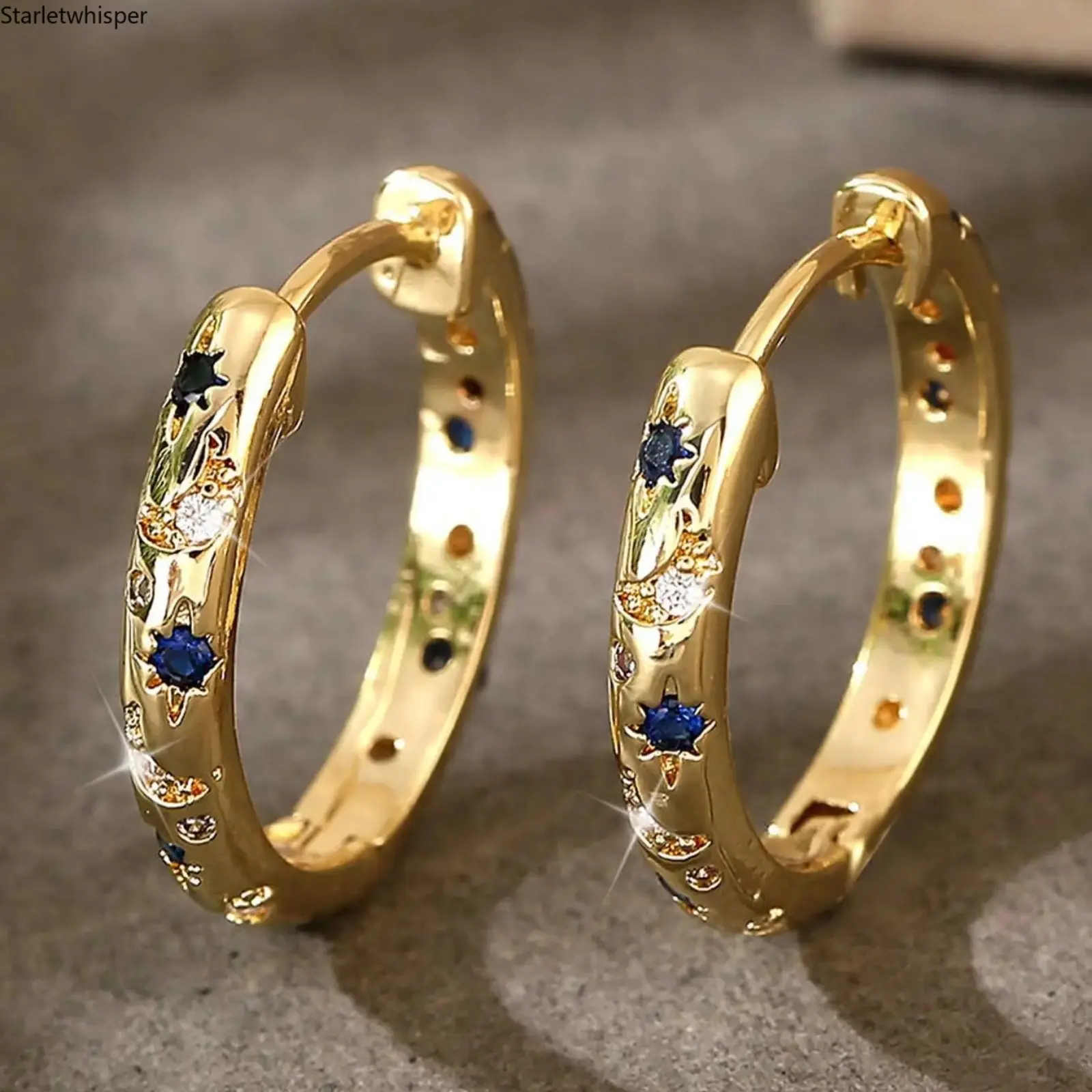 Trendy 14K Gold Plated Star Moon Hoop Earrings, Sparkly Blue Crystal Huggie Hoops, Hypoallergenic Dainty Jewelry for Sensitive Ears, Women’s Daily Wear