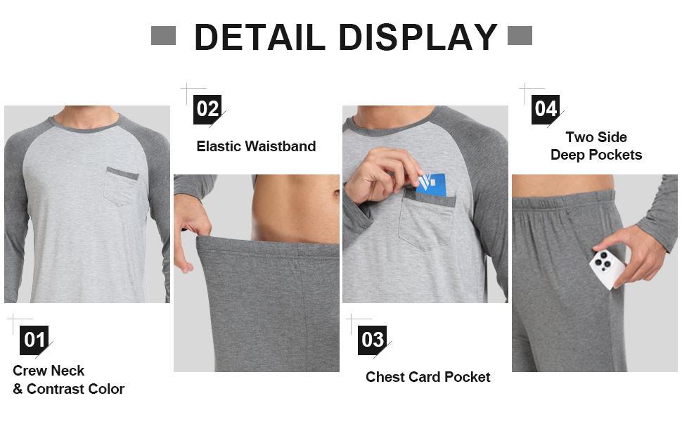 MoFiz Men's Long Sleeve Pajama Set with Modal Pants and Pockets for Fall and Spring Soft Casual Loungewear Crewneck Nightwear Homewear Pjs Pyjamas Menswear Suit Beige Light Grey