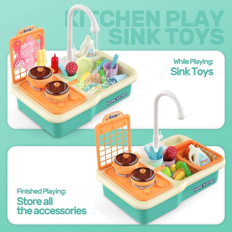 CUTE STONE Play Sink with Running Water, Kitchen Sink with Upgraded Electric Faucet, Play Kitchen , Realistic play set learning cookingset Plastic Toy
