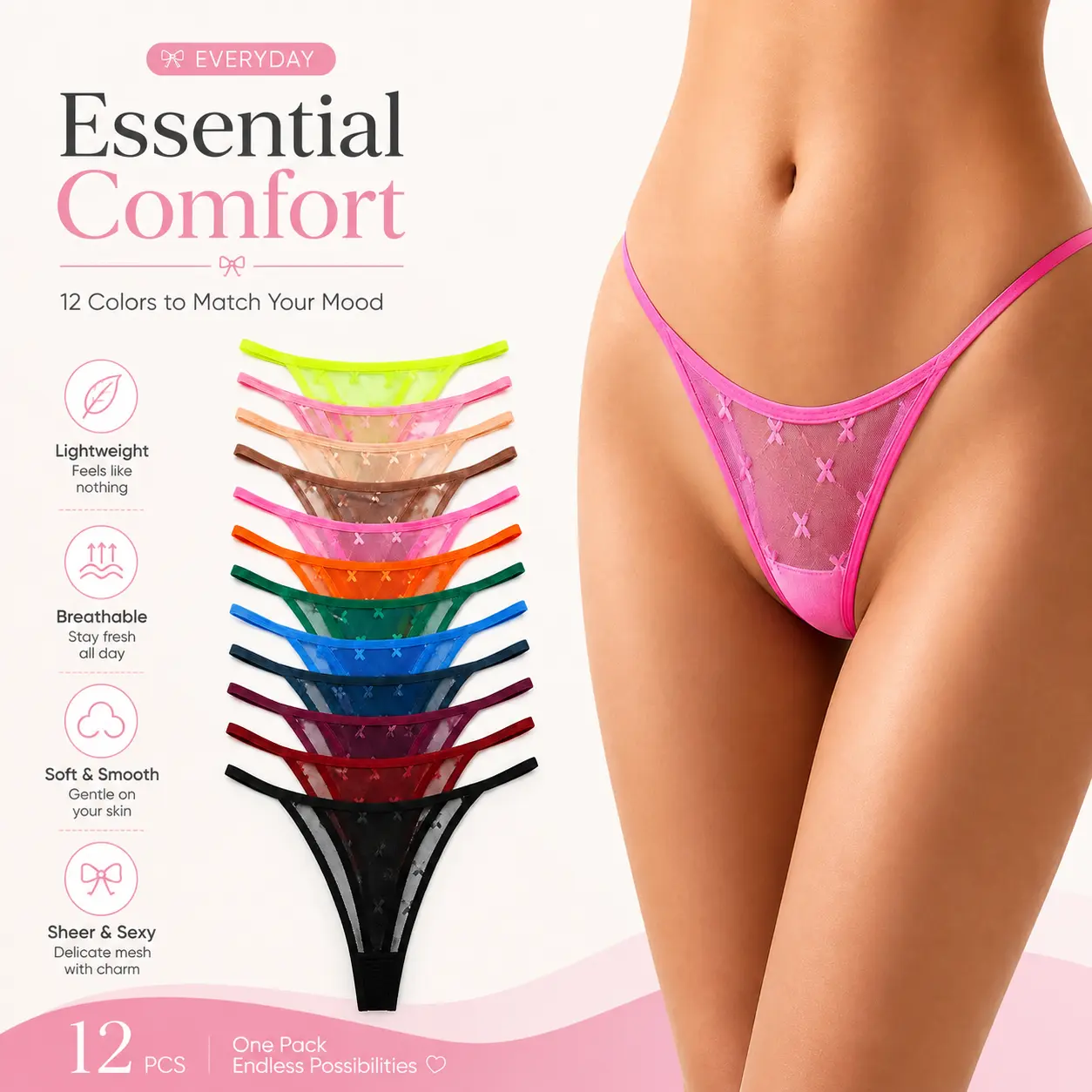ORLAROY Women's Cotton Elastane Lace Thongs 12-Pack - Low Waist, Soft Solid Fabric, Minimalist, Breathable, Lightweight, Sexy, Sporty Chic, Hand Wash Only (Assorted Colors), Women's Sexywear