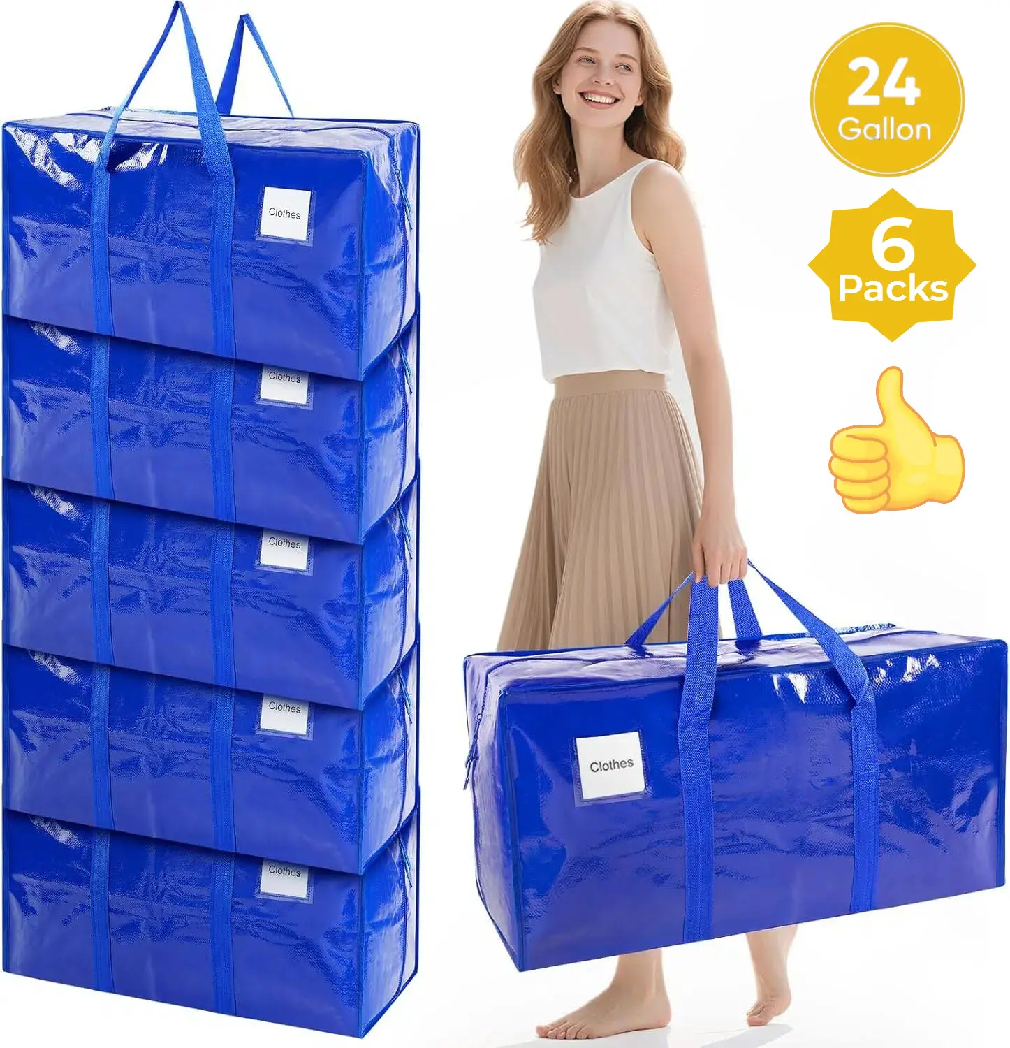 6 Pack Extra Large Moving Bags with Reinforced Handles,Up to 24 Gallon,Heavy-Duty Storage Tote for Dorm,Room Essentials with Strong Zipper,Packing Moving Boxes for College Supplies,Space Saving Storage with Label,Home Organiser,Bedding Containers,Blue, Du