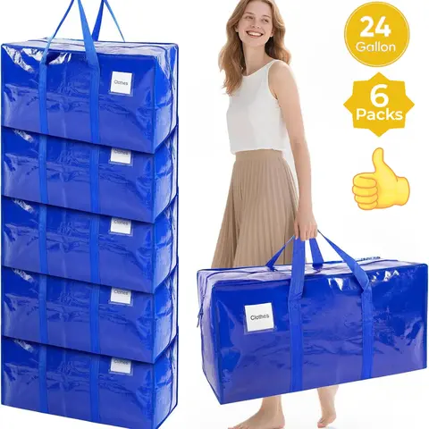 【Back to School】6-Pack Extra Large Capacity Coated PE Waterproof Storage Bag Set, 24-Gallon, Reinforced Handles, Strong Zipper, Label Slot, Puncture-Proof Space-Saving Home Organizers for College Dorms, Garage