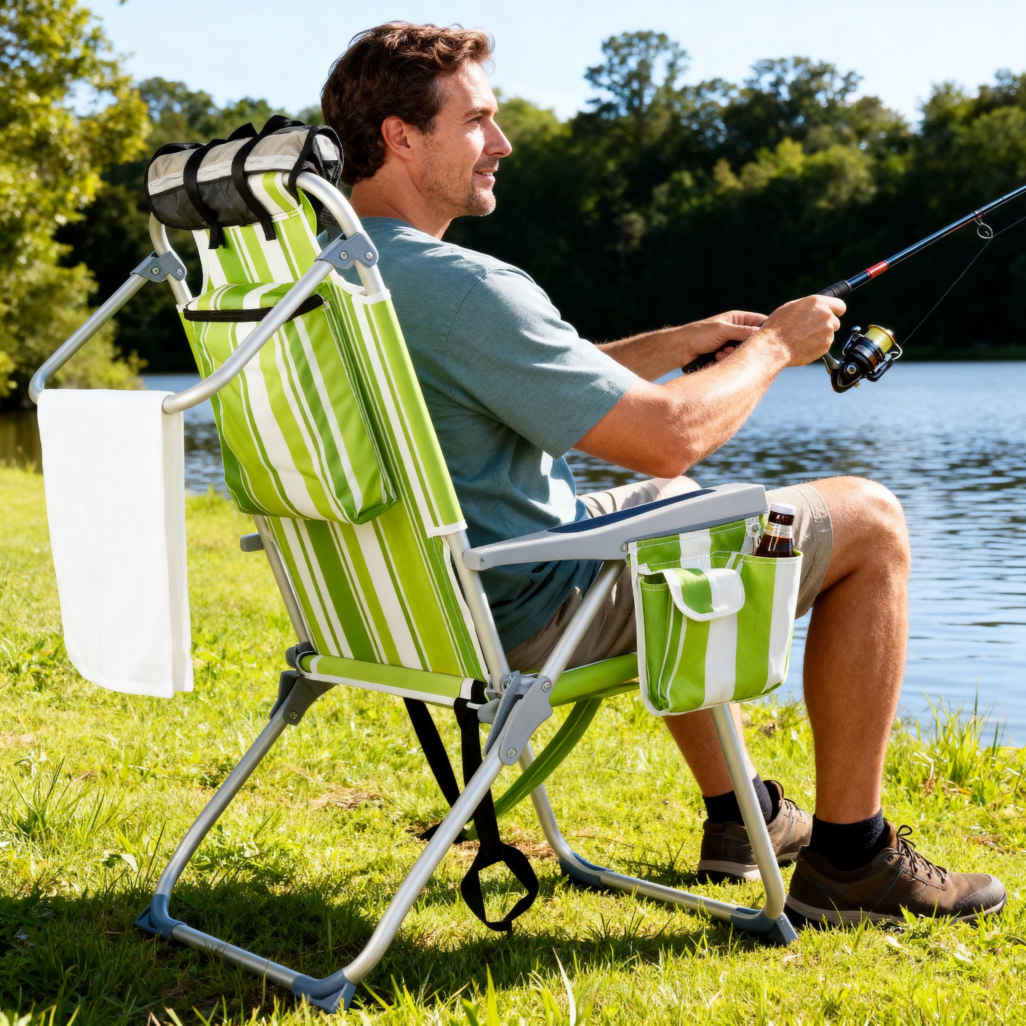 Oversized Tall Folding Beach Chair Lightweight 63*70*99cm Portable Sand For Adults Heavy Duty 300 Lbs With Cup Holders Foldable High Camping Lawn Chairs Camp Outdoor Picnic Sports Loveseat Carrying Bag Table Holder Patio Fashion Fabric Oxford Fabric