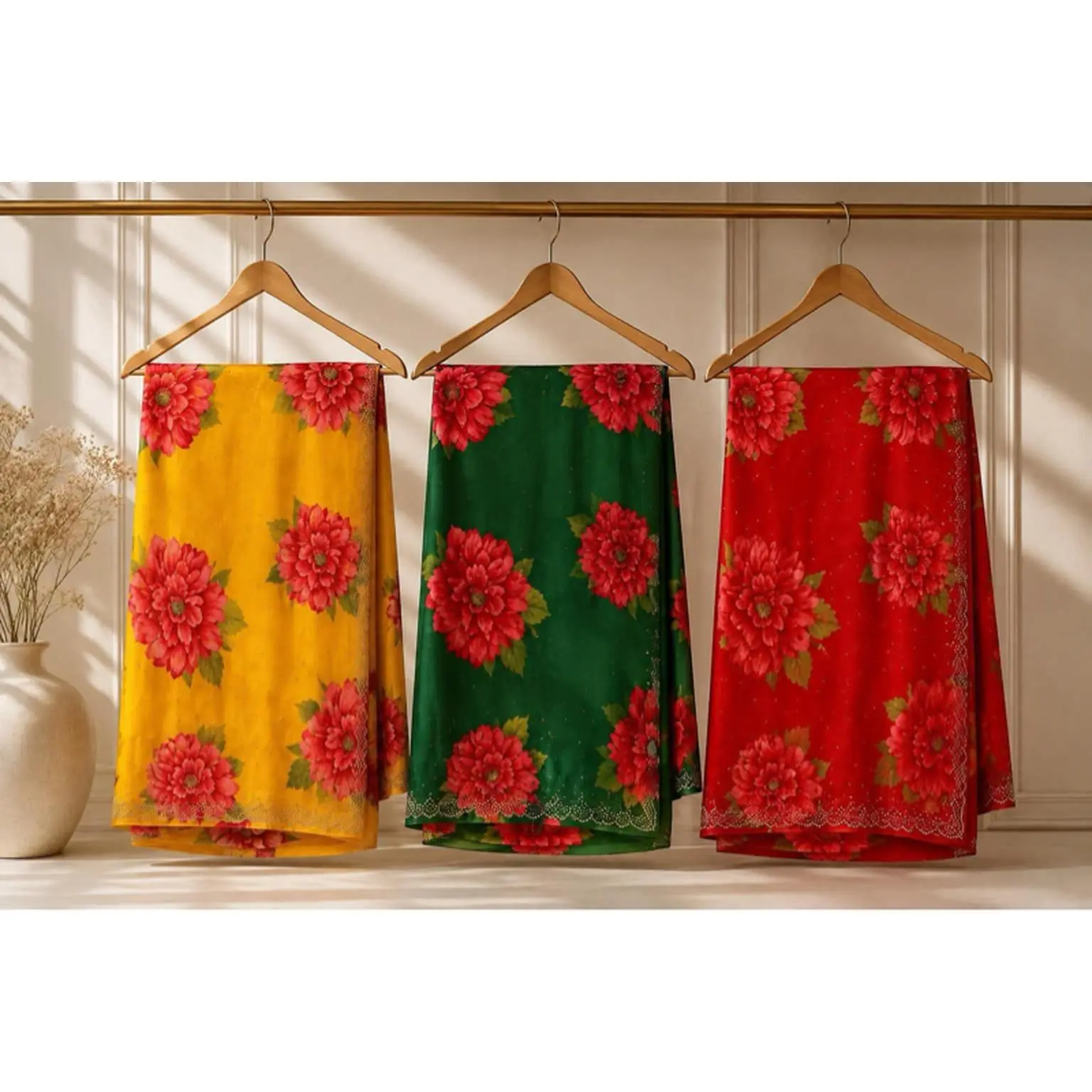 Elegant Floral Saree with Red Flower Prints in Yellow Green & Red Colors for Women (No Falls and Pico Done)