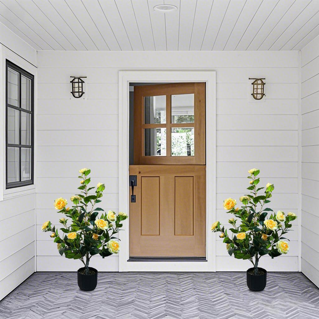 2 Pcs 3ft Artificial Camellia Trees with 24 Realistic Flowers 188 Leaves Decorative Pebbles and Planter for Indoor Home Office Outdoor Courtyard Decor