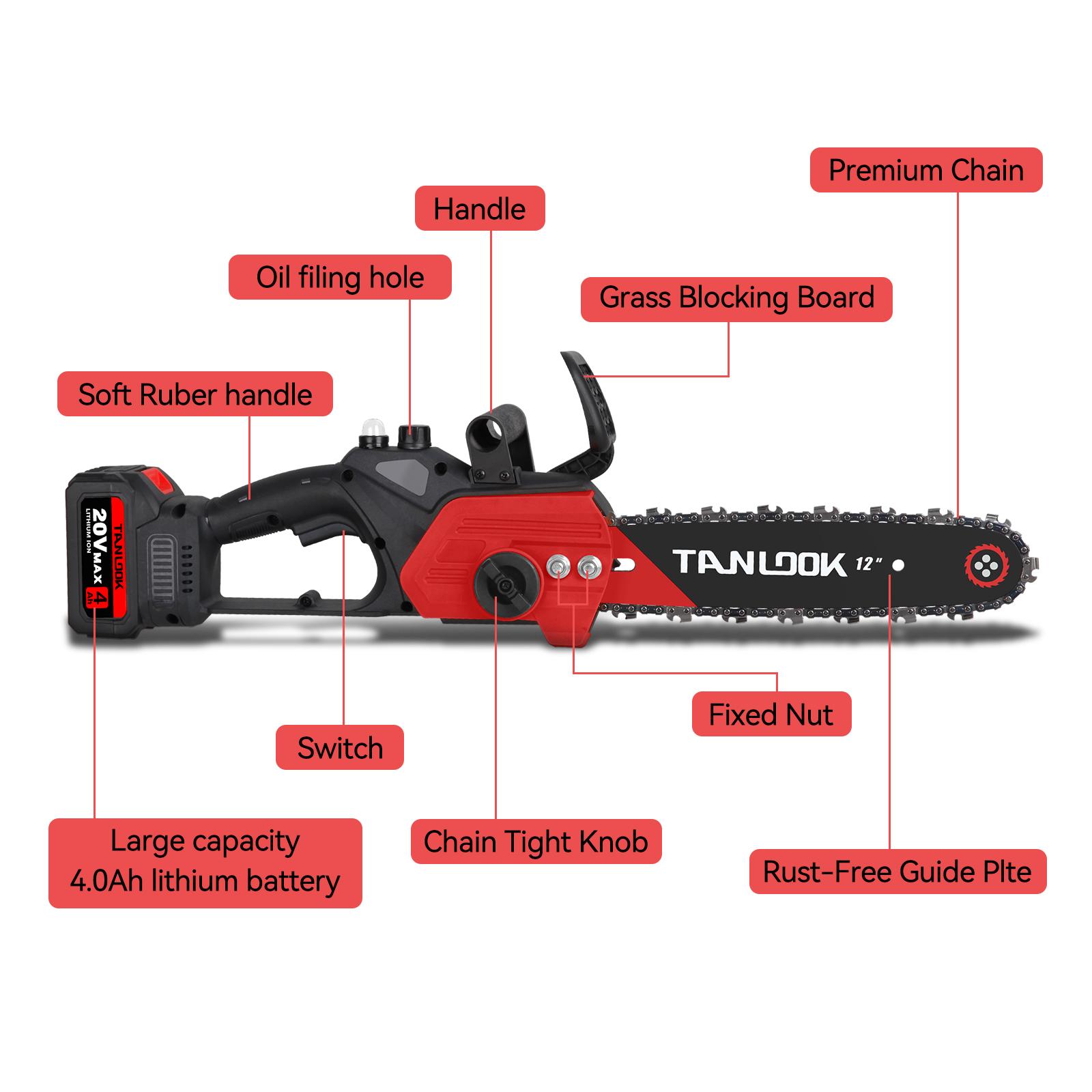 TANLOOK 12 Inch Brushless Electric Chainsaw Saw Logging Saw Pruning Woodworking Garden Power Tool 20V 2*4.0Ah Batteries Cutting Heavy Duty Portable Handle STU4