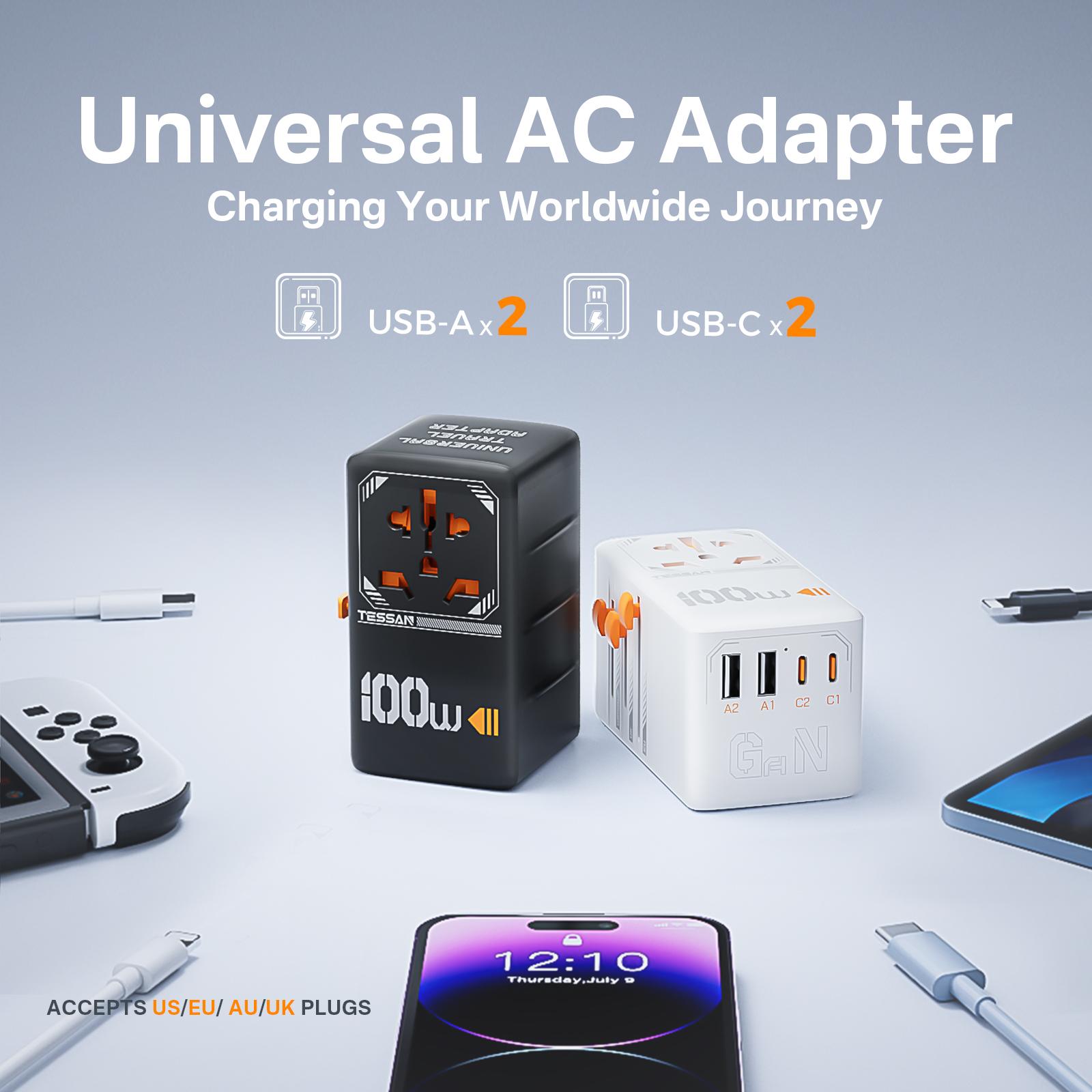 TESSAN Universal Travel Adapter 35W/65W/100W Fast Charging with 4 USB Ports & 1 Type C for US EU UK AUS Ireland(Type C/G/A/I) Plug , Portable Charger for Cellphone/Smartphone/Electronic Devices, Travel Essential