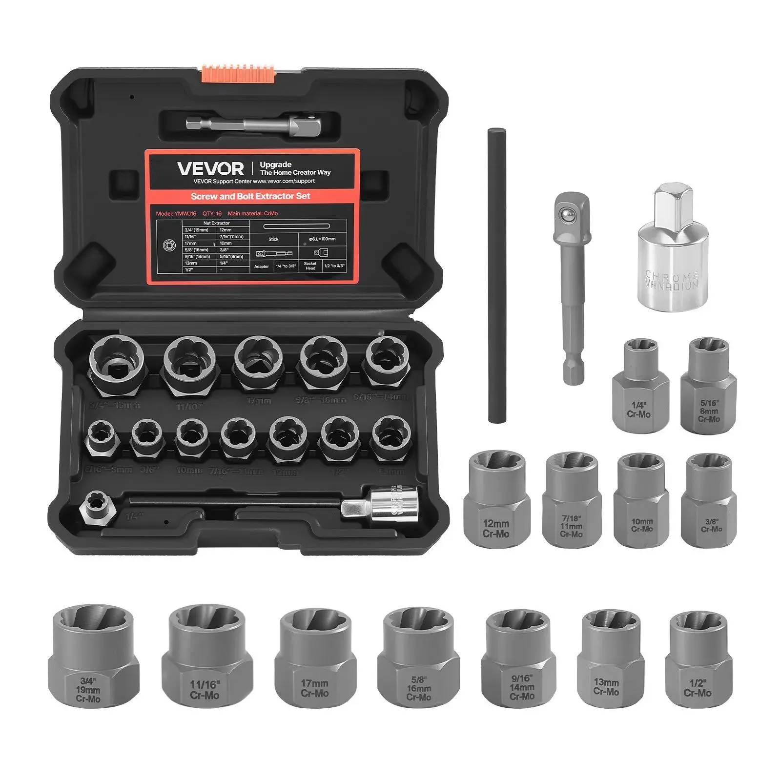 【summerfinds】VEVOR Bolt Extractor Kit, 16 Pieces Impact Bolt & Nut Remover Set with Adapters and Pin Punch, Solid Storage Case, Cr-Mo Steel for Removing Damaged, Rusted, Stripped, Rounded Bolts, Nuts and Screws