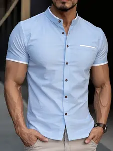 Men’s Summer Stand Collar Short-Sleeve Shirt — Business Casual Colorblock Halter-Style Collar