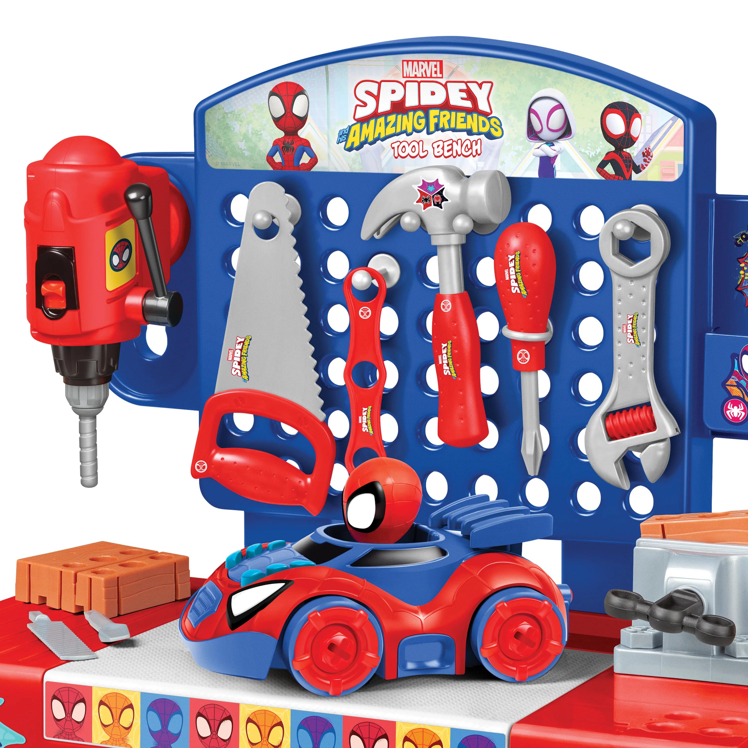 Marvel Spider-Man | Spidey and His Amazing Friends | Team Nascar | Transformers Pit Stop Tool Bench Playset - Pretend Play & Real Tool Fun for Kids Age 4+; Official Licensed