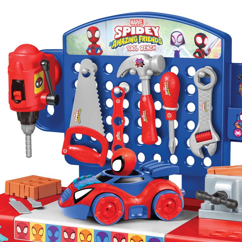 Marvel Spider-Man | Spidey and His Amazing Friends | Team Nascar | Transformers Pit Stop Tool Bench Playset - Pretend Play & Real Tool Fun for Kids Age 4+; Official Licensed