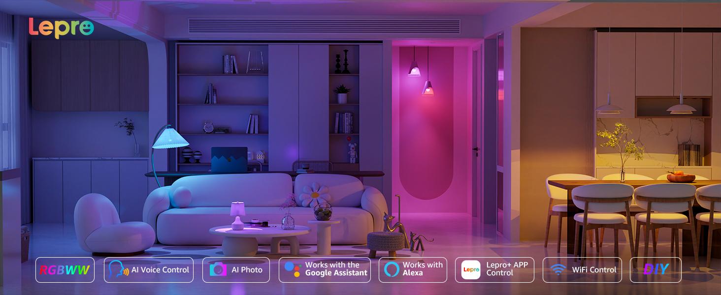Lepro B1 AI Smart Light Bulbs - WiFi & Bluetooth RGBWW Color Changing LED Bulb Compatible with Alexa & Google Assistant, AI Generated Lighting LLM, AI Voice Control, Music Sync, 2.4GHz Only, 2 Packs Lepro B1 AI Smart Light Bulbs - WiFi & Bluetooth RGBWW Color Changing LED Bulb Compatible with Alexa & Google Assistant, AI Generated Lighting LLM, AI Voice Control, Music Sync, 2.4GHz Only, 2 Packs